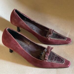 Mila Paoli Burgundy Suede Kitten Heel Loafers with Croc-Embossed Accent